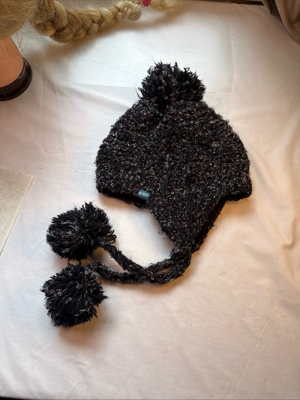 REI Black Knit Pom-Pom Earflap Hat